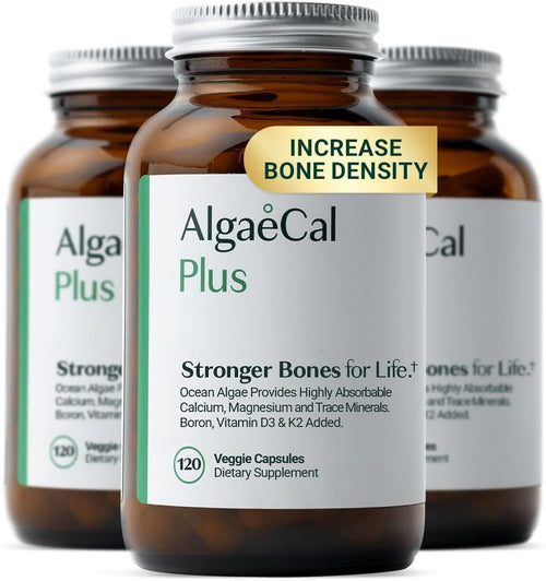 AlgaeCal Plus – Organic Red Algae Calcium with Vitamin D3, K2 MK7, Magnesium & Trace Minerals (120 Veggie Caps)